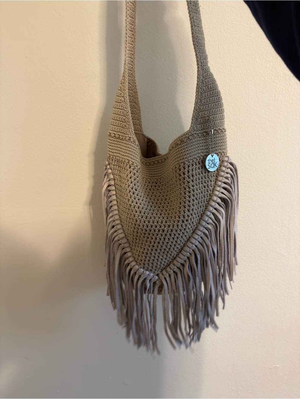 The Sak Taupe Crochet Fringe Hobo Bag
